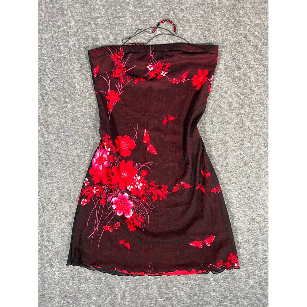 Wild USA Vintage Mesh Tube Dress Red Black Floral Butterfly Y2K Mini Strapless